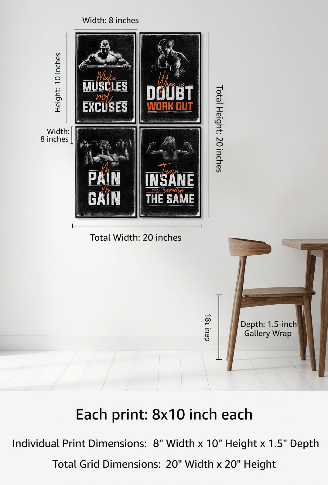 Pósteres motivacionales para gimnasio y entrenamiento - 11x17" (4 pósters)