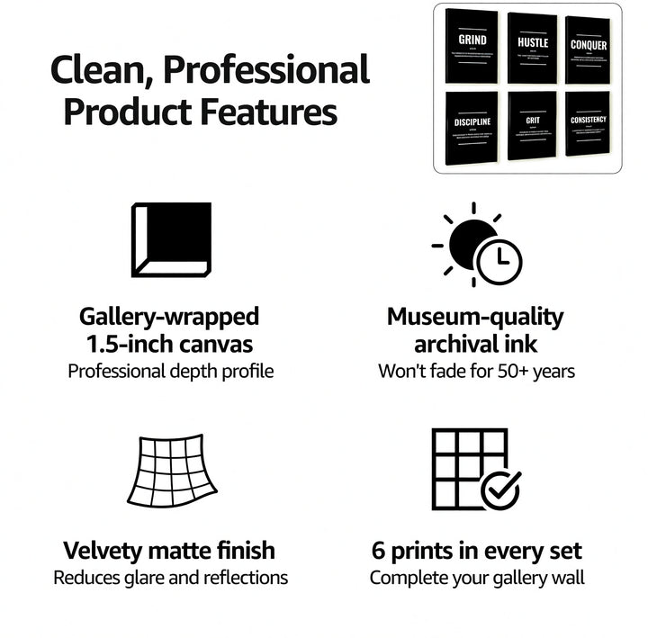 Motivational Canvas Wall Art - Set of 6 Black and White Prints | Unframed
