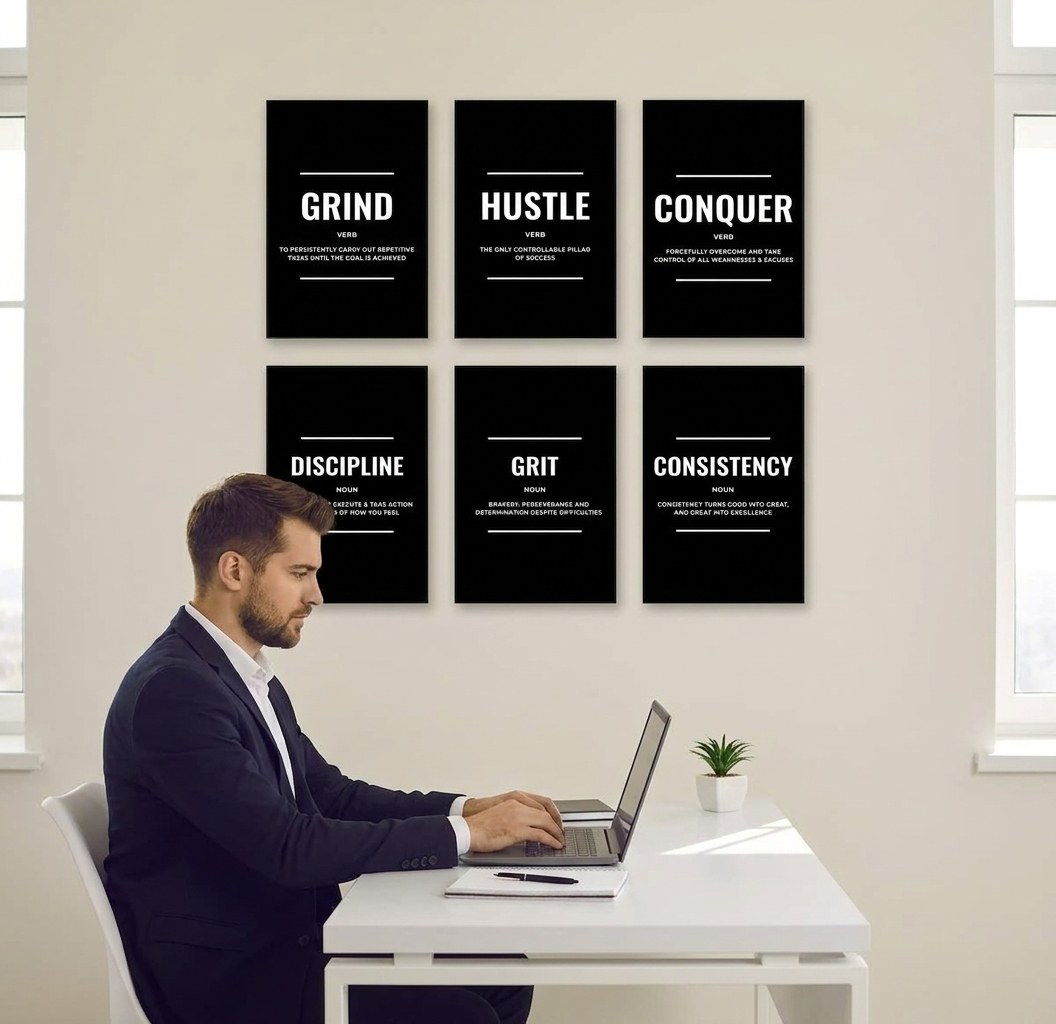 Motivational Canvas Wall Art - Set of 6 Black and White Prints | Unframed