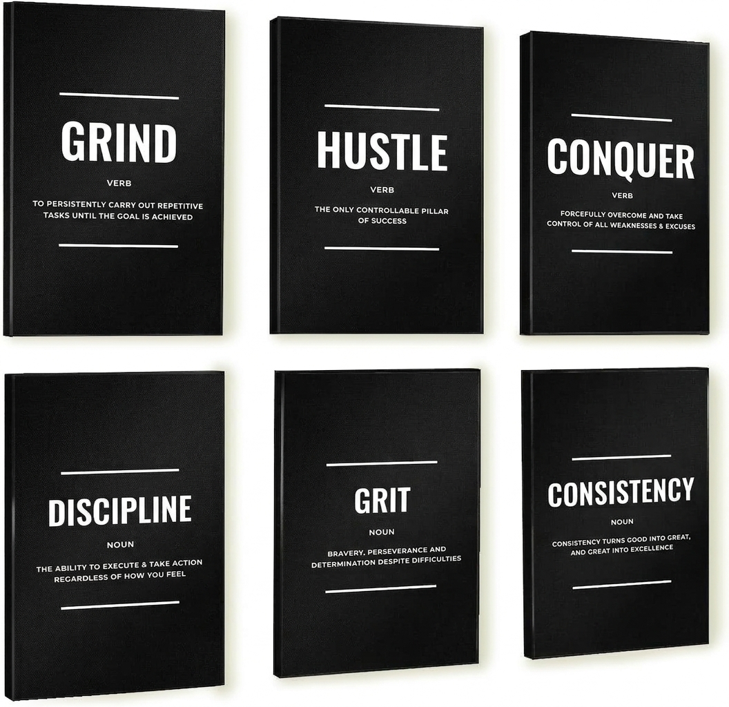 Motivational Canvas Wall Art - Set of 6 Black and White Prints | Unframed