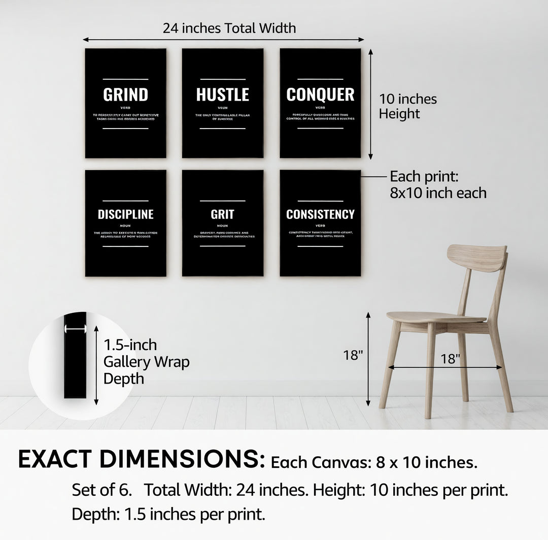 Motivational Canvas Wall Art - Set of 6 Black and White Prints | Unframed