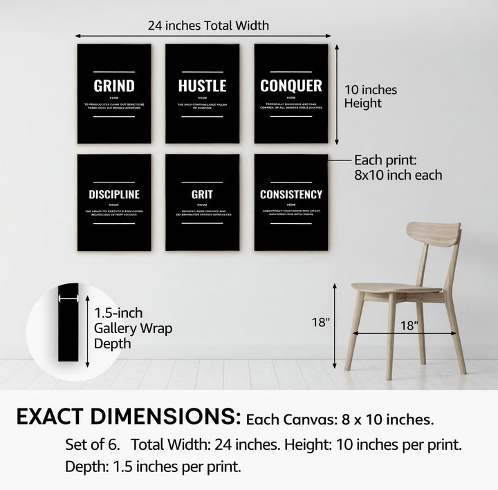 Motivational Canvas Wall Art - Set of 6 Black and White Prints | Unframed